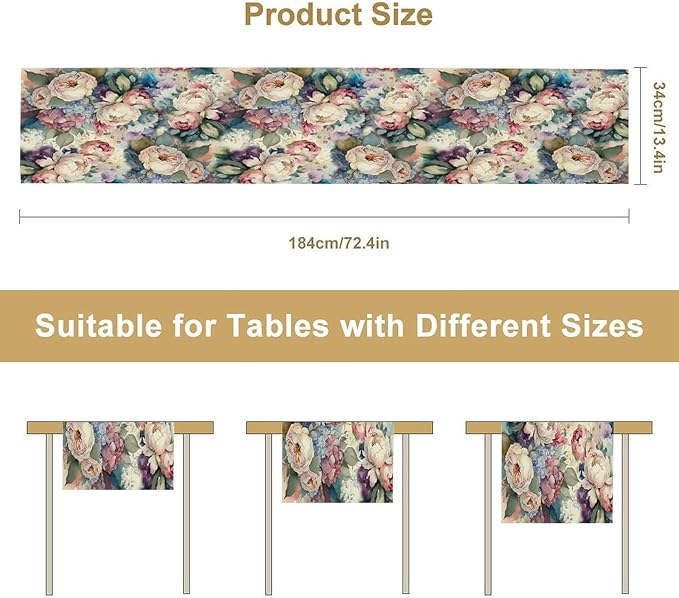 Vintage Floral Table Runner,Girls Women Rose Romantic Leaf Botanical Watercolor Pattern Print Burlap for Hotel Indoors Outdoor Dining Room Kitchen Holiday Party, 13x80in