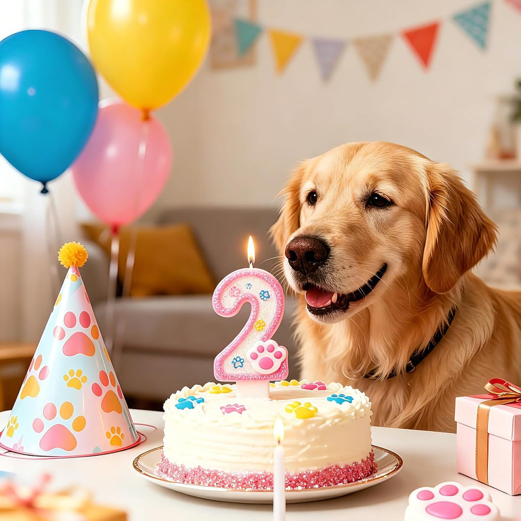 Dog and Cat Paw Number Candles for Cake Decoration, Pink Kitten Paw Number 2 Candle, Dog Themed Birthday Cake Topper for Party Decorations