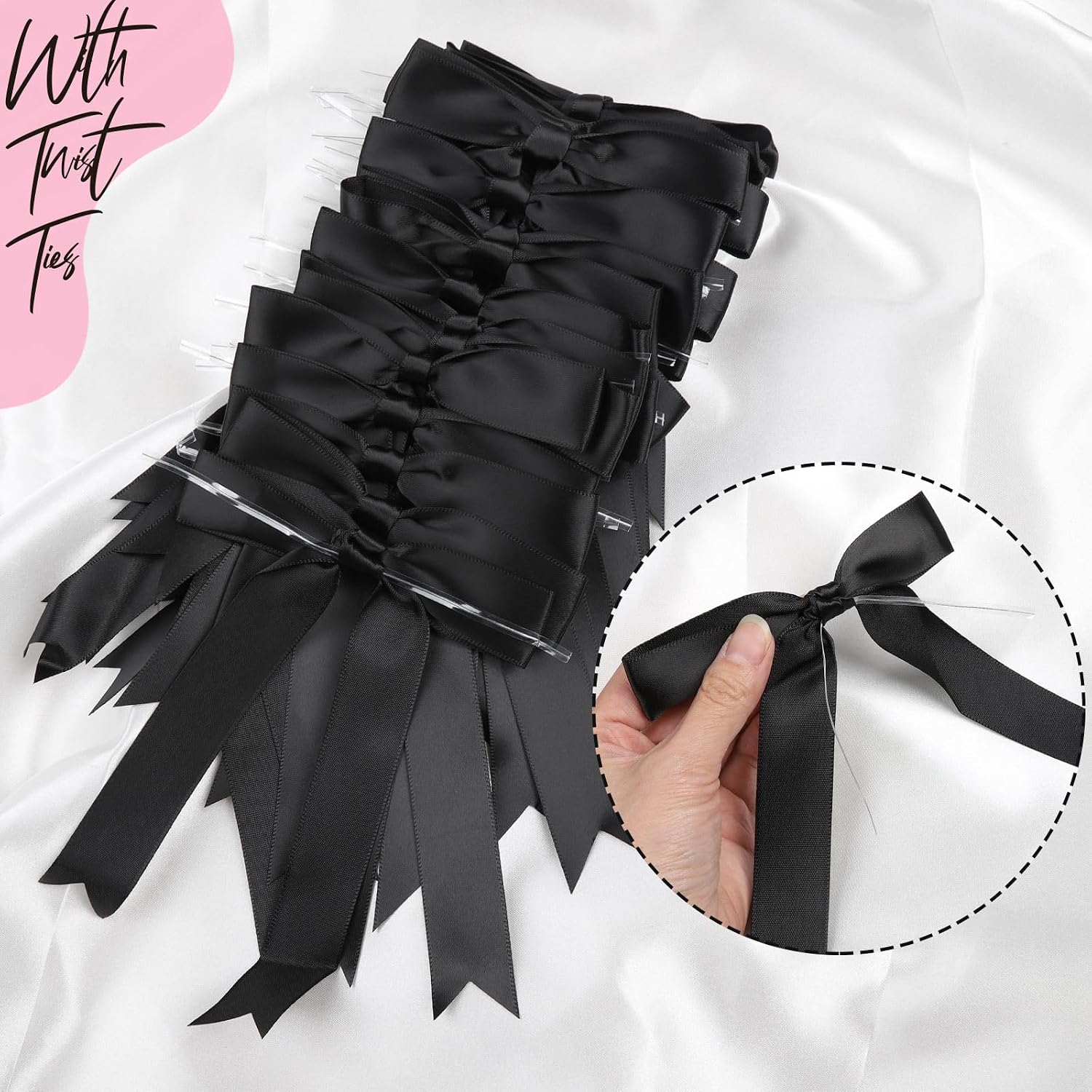 YGDZ Black Bows 30PCS, Satin Ribbon 5x7'' Large Black Bow for Champagne Bottle Wrapping, Balloons, Twist Tie Bows Decorations for Party, Cake, Craft, Gift