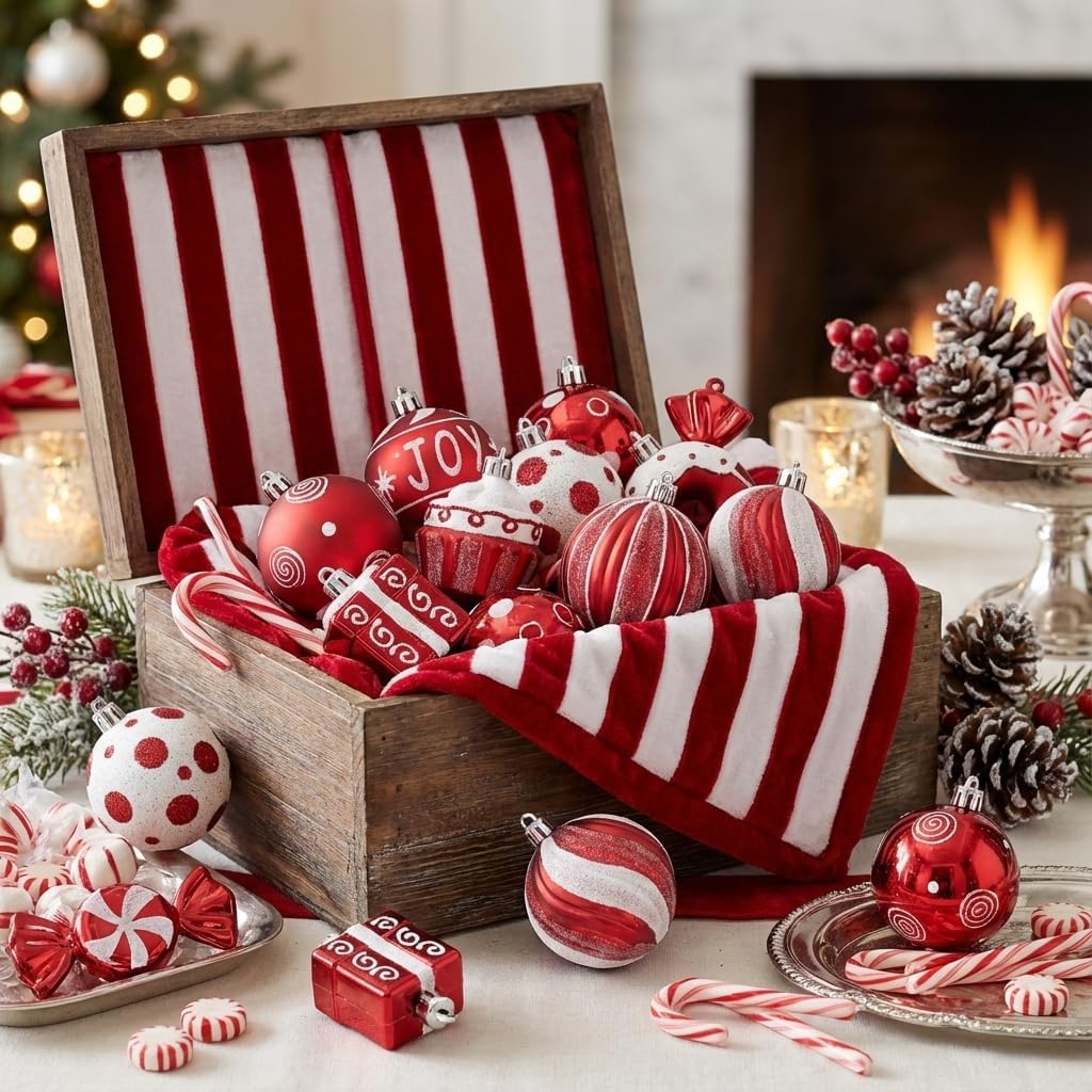 Valery Madelyn Christmas Ornaments Set, 16ct Candy Cane Red and White Shatter...
