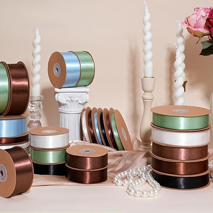 LaRibbons Brown Satin Ribbon 3/8 Inch 50 Yards Thin Luxury Double Faced Firar Brown Silk Ribbon for Flower Bouquet Crafts Gift Wrapping Wedding Christmas Decoration