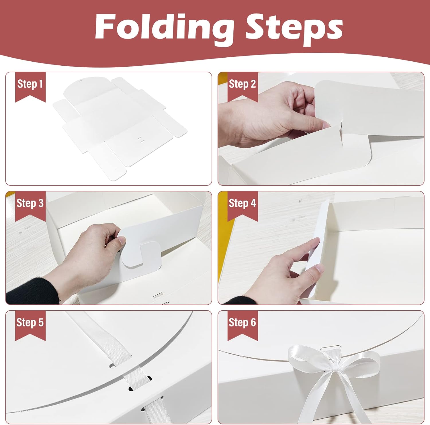 BoShahai 10 PCS Gift Boxes with Lids, 10.6x7.8x3.1 Inch Kraft Paper Gift Box, White with Ribbon, Bridesmaid Proposal Box for Wedding, Packaging, Present, Birthday, Cupcake