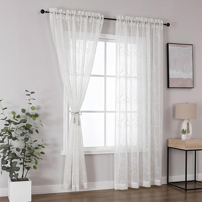 VISIONTEX Sheer Curtains 84 inch Length 2 Panels Set, Decorative Beige Coral Embroidery, Rod Pocket Embroidered Window Drapes for Living Room and Bedroom, 54" x 84"