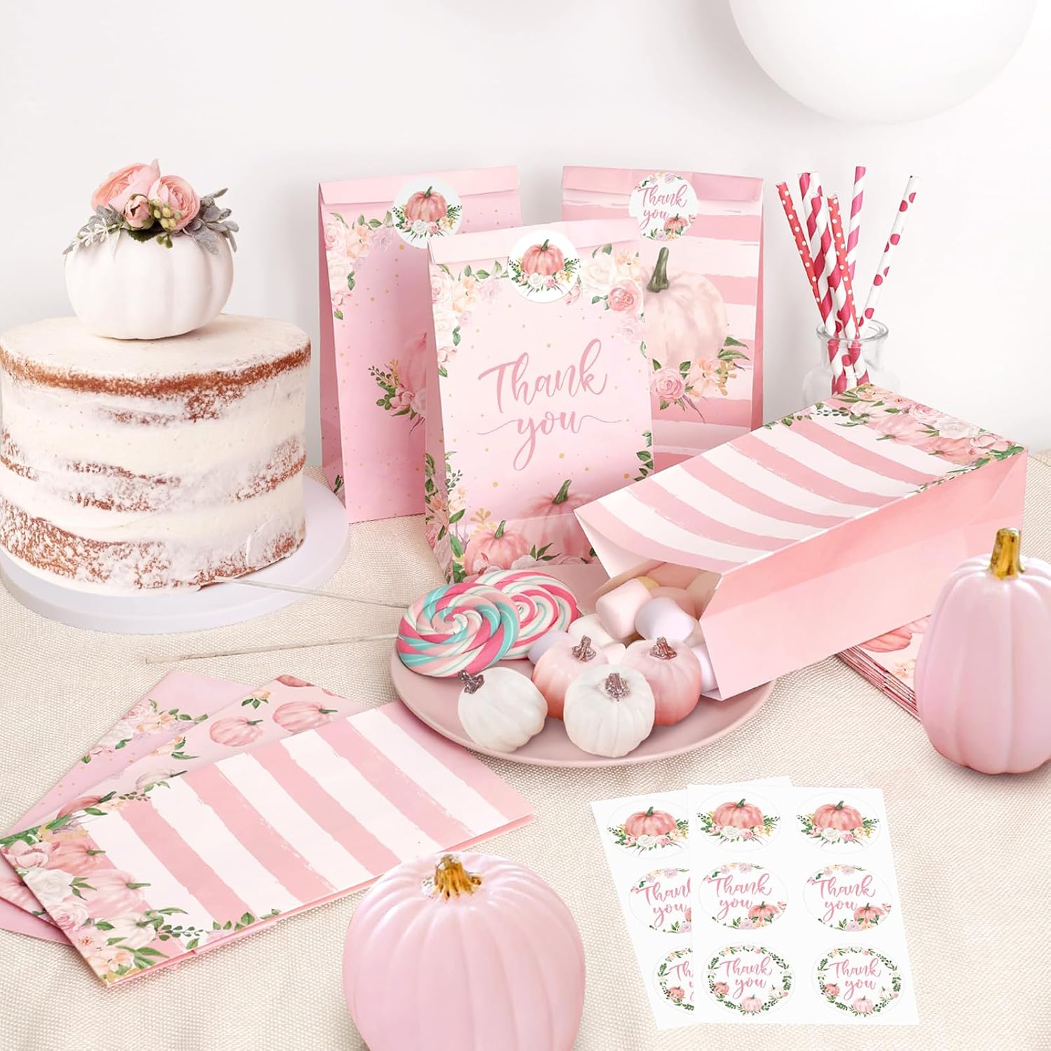 Sinasasspel 24Pcs Pumpkin Gift Bags with Thank You Stickers, Fall Paper Treat Bags Thanksgiving Party Favor Bags, Pink Little Pumpkin Candy Goodie Bags for Birthday Baby Shower Autumn Party Supplies