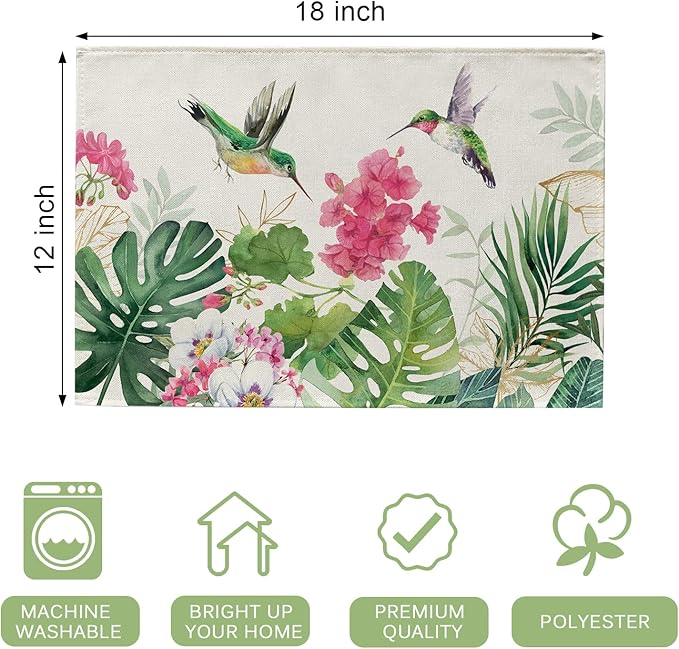 Seliem Spring Summer Geranium Flower Placemats Set of 4, Red Floral Hummingbird Palm Leaves Monstera Dining Table Place Mats, Seasonal Kitchen Decor Home Decoration 12 x 18 Inch