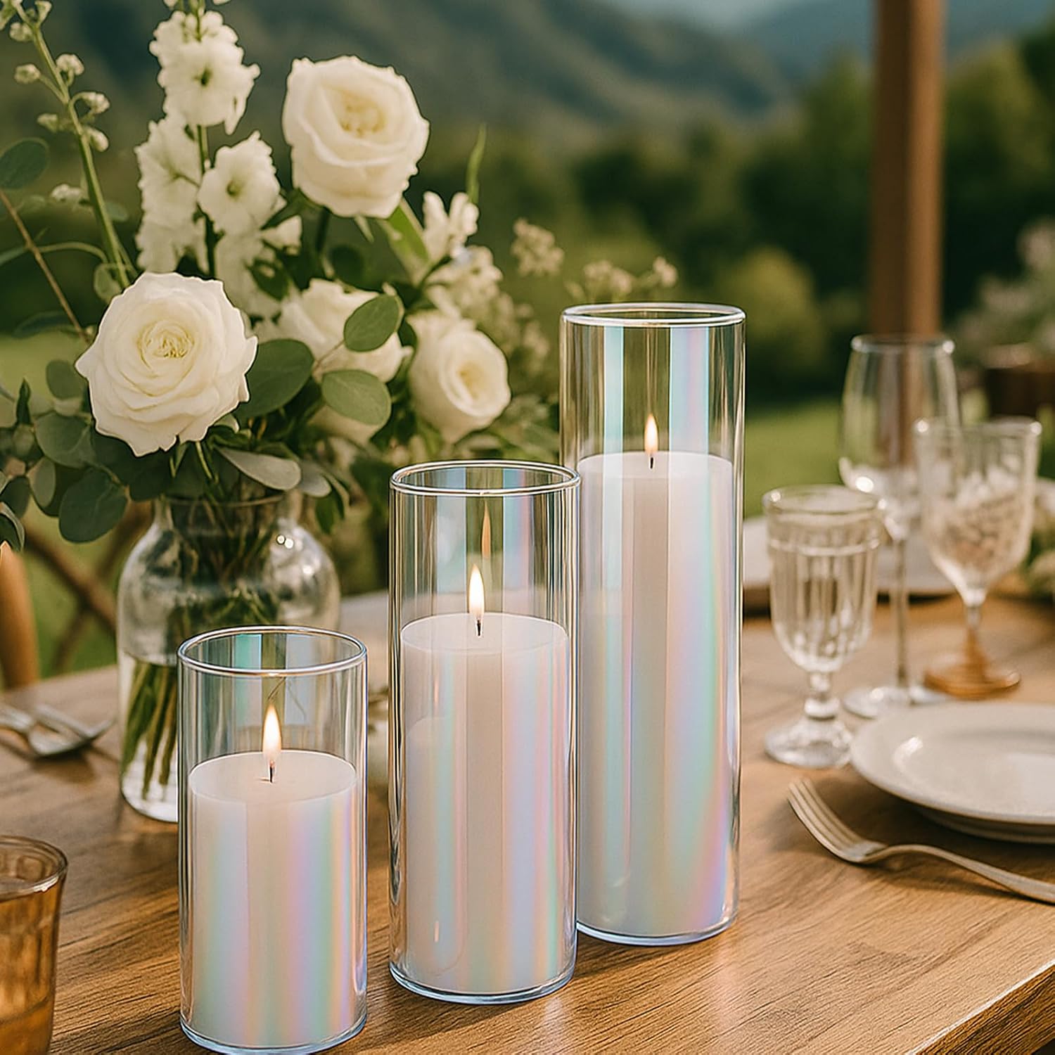 Shihanee Set of 6 Pillar Candles and Glass Cylinder Vases Clear Cylinder CandleHolders for Slim Tall Pillar Candles Wedding Centerpieces (2.8'' X 4.7", 5.9", 7.9",Iridescent)