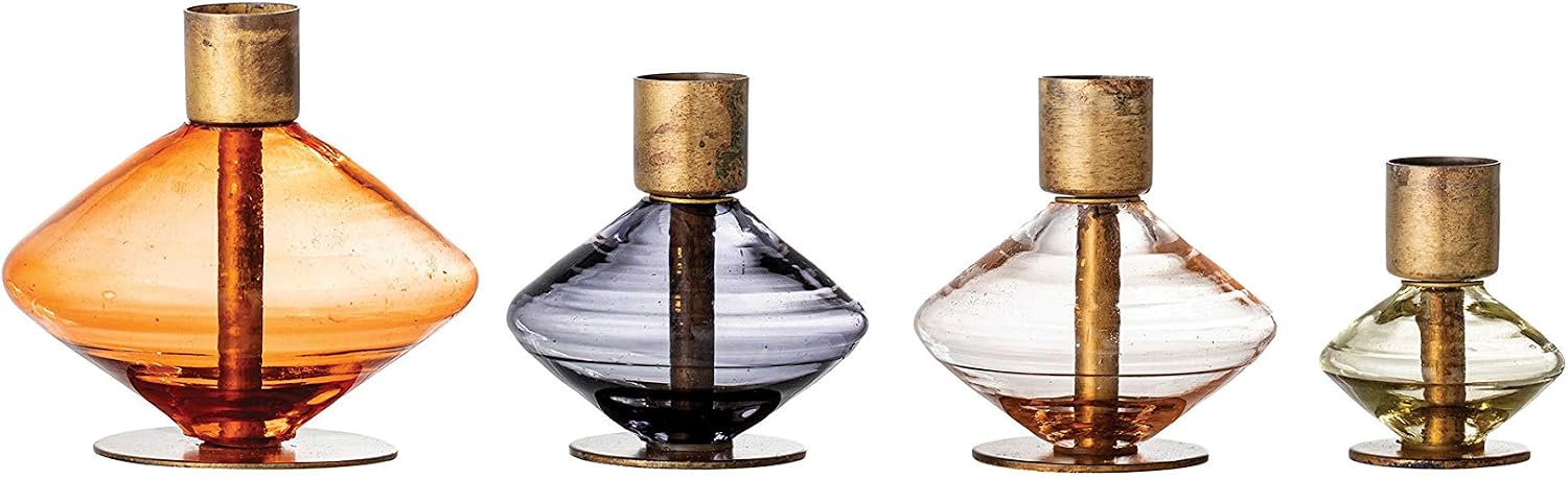 Bloomingville Multi-Color Glass & Metal, Set of 4 Taper Holder, Brass, AH1593