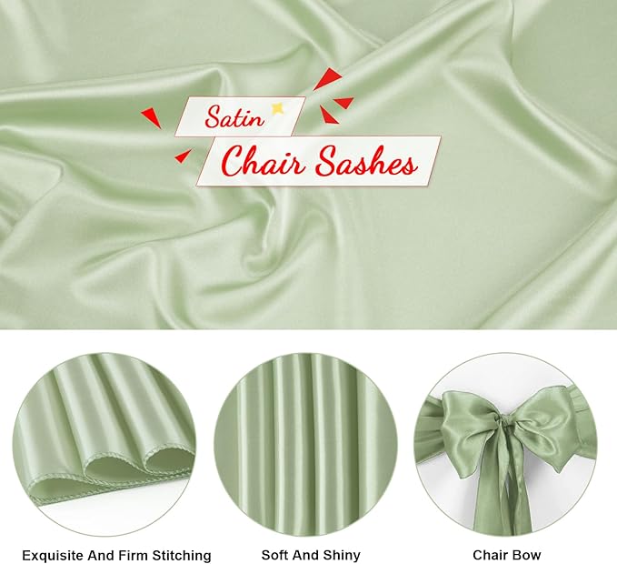 50 PCS Sage Green Satin Chair Sashes Bows Universal Chair Ribbon Ties Back Sash for Wedding Party Reception Events Banquets Hotel Event Chair Cover Decoration (7x108 inch)