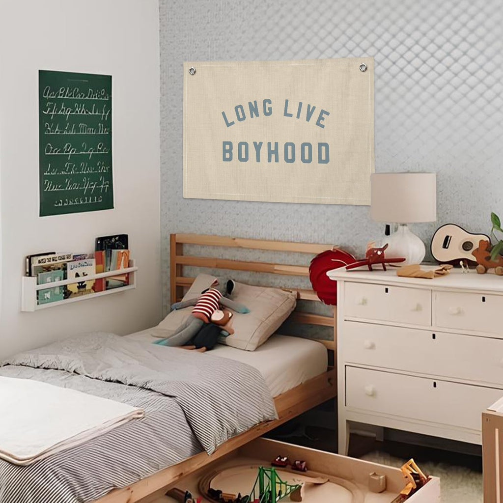 Boys Room Decor, Long Live Boyhood Banner, Baby Boy Shower Decorations, Linen Canvas Banner Wall Hanging Flag Decor for Toddler Boy Room Nursery Playroom 20x30