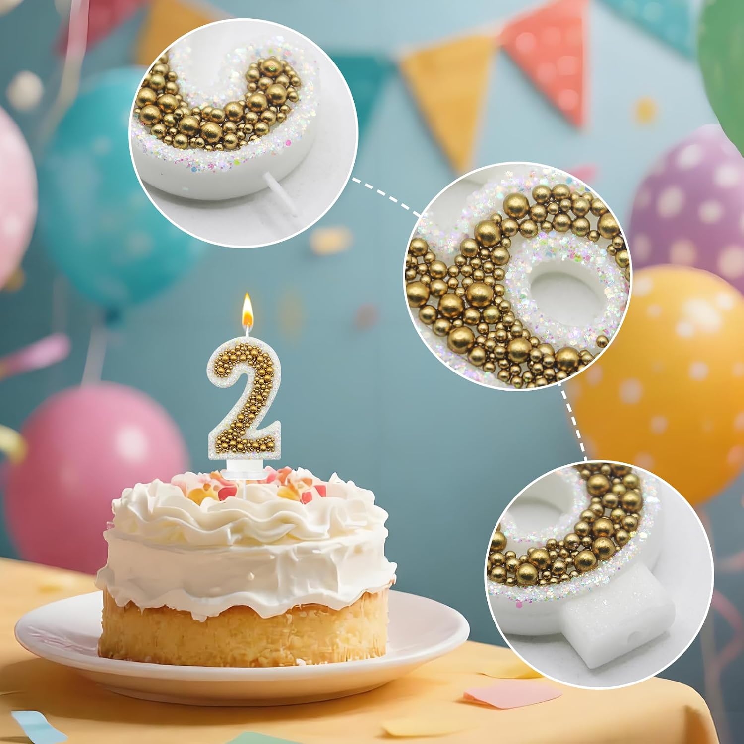2 Birthday Number Candle for Cake, Glitter Number Candle with Gold Beads, Decorative Cake Topper for Milestone Celebrations