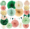 Sage-Green Pink Party-Decorations Paper-Flowers Lanterns - 20PCS Boho Rustic Tissue Pom Poms Streamers Fans Honeycomb, Birthday Baby Shower Neutral Garden Wedding Hanging Supplies Decor Burgleda