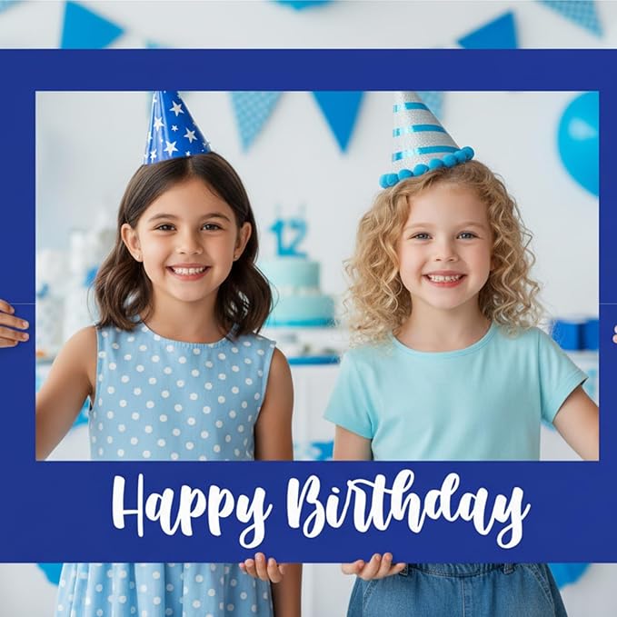 32 x 24 Inch Large Photo Booth Props Picture Frame Happy Birthday Party Frame DIY Cutouts Photo Booth Props Selfie for Party Supplies Favors (Horizontal,Blue White)