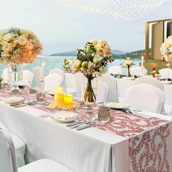 Rose Gold Flower Table Runners 10 Pieces 12x72 Inches Sequin Glitter Table Runner for Wedding Banquet Event Party Decorations