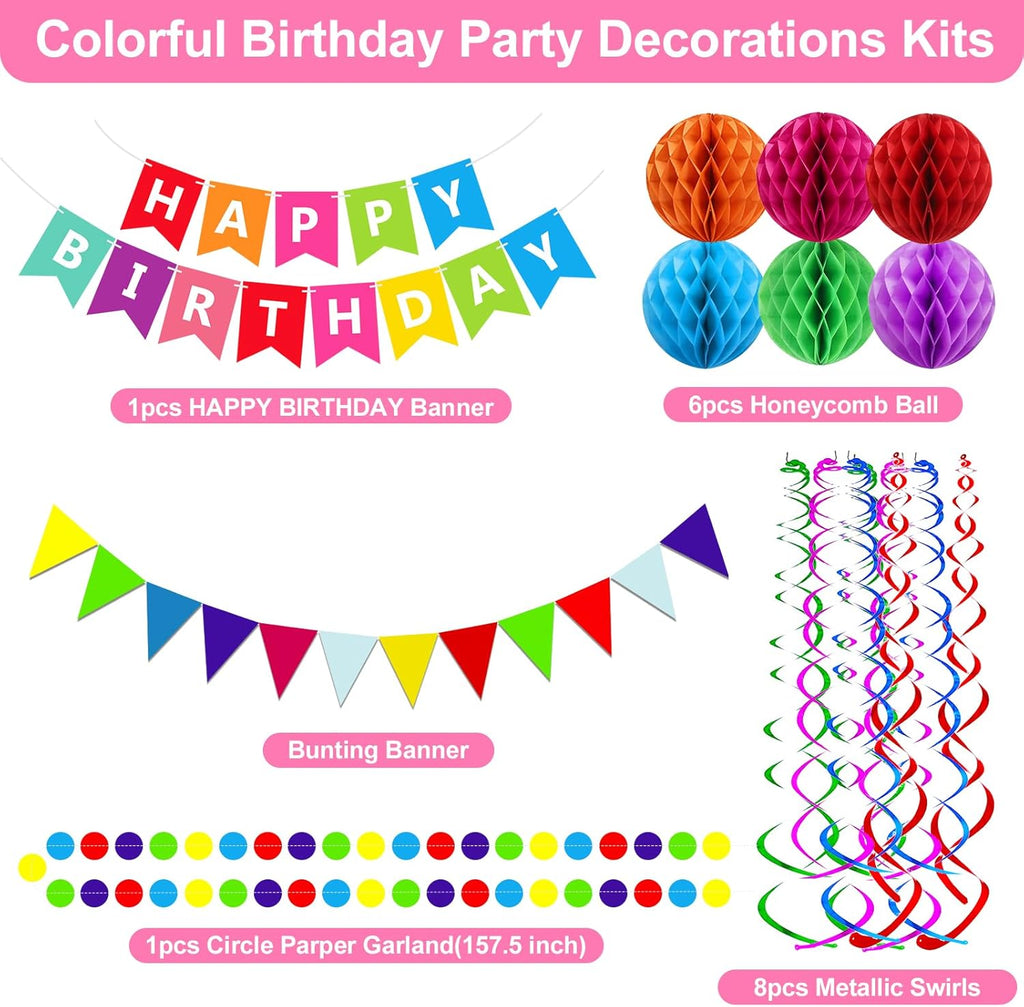 Fecedy Happy Birthday Banner With Colorful Paper Flag Bunting Paper Circle Confetti Garland Swirl Streamers Honeycomb ball for Birthday Party Decorations