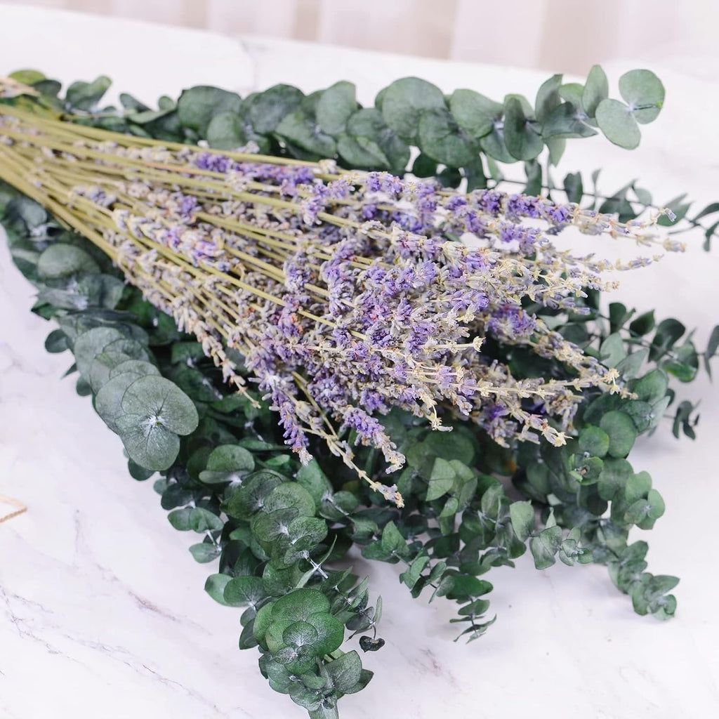 115 Pcs Eucalyptus Stems & Lavenders Flowers Bundles for Shower, 17'' Upgrade Hanging Shower Plant, Natural Real Eucalyptus Leaves Lavenders Stems with Chrysanthemums, Fragrant Bathroom Decor