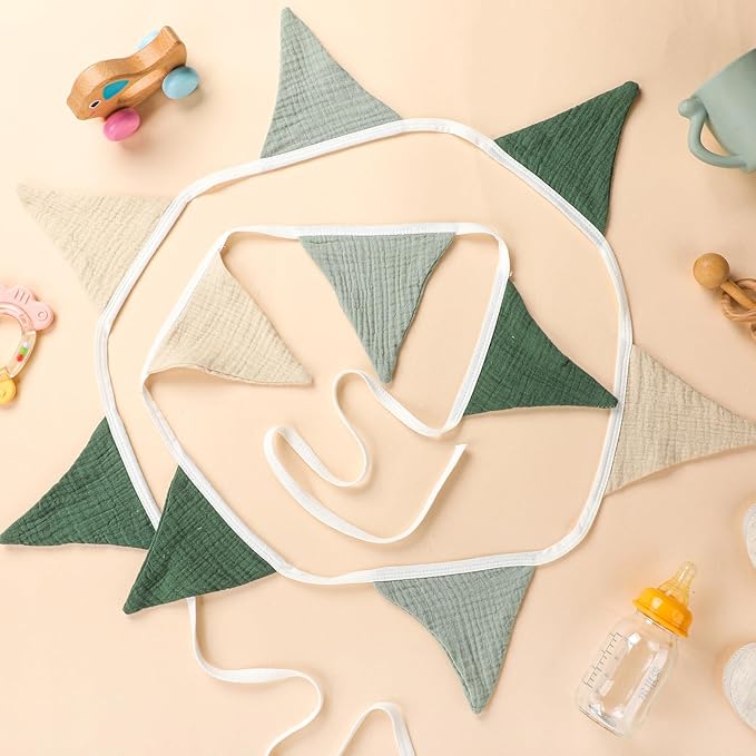 Oudain 15.5 ft Pennant Banner Flags, 2 Pcs Nursery Garland Triangle Bunting Flag Baby Banner for Nursery Decor Baby Birthday Boho Wedding Shower Party Event, Each 7.75 ft (Fresh Natural Color)