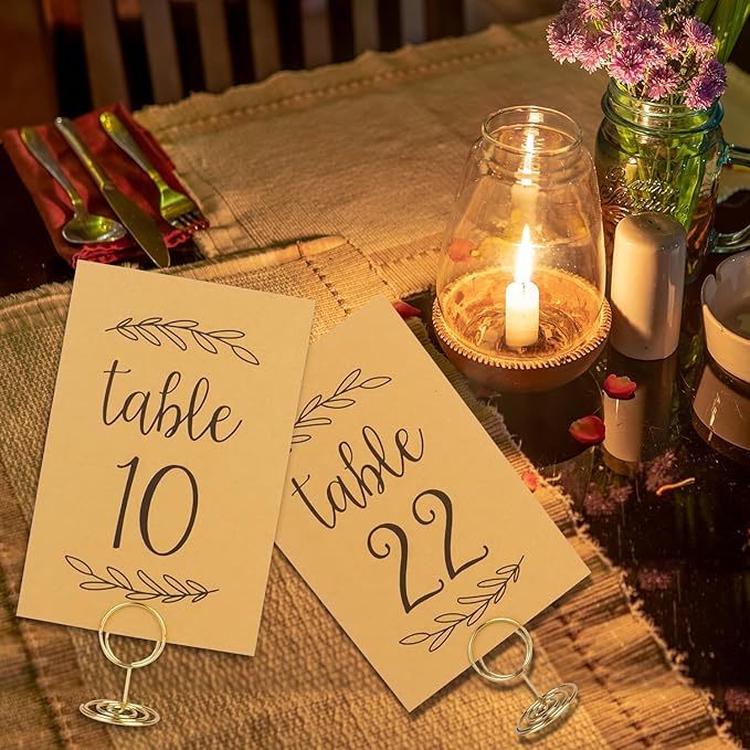 Wedding Table Numbers 1-25, 25 Karft Cards with 25 Gold Holders, 1 Set of 25 Table Numbers for Wedding Reception, Birthday Party (Card and Holder)