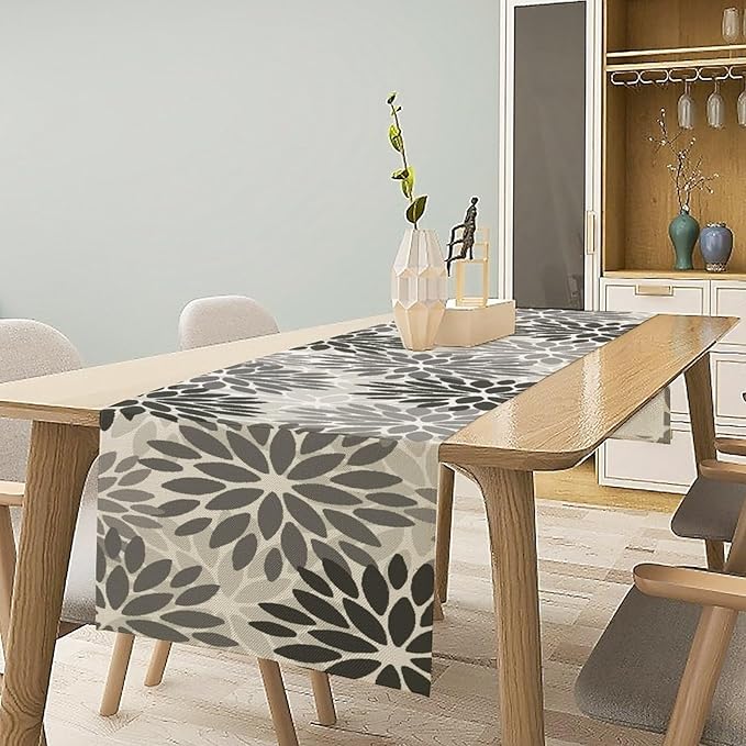 Gray Dahlia Flower Table Runner, Vintage Modern Linen Geometric Pattern Floral Table Runner Spring for Farmhouse Kitchen Dining Party Holiday Party, 13x120 Inch