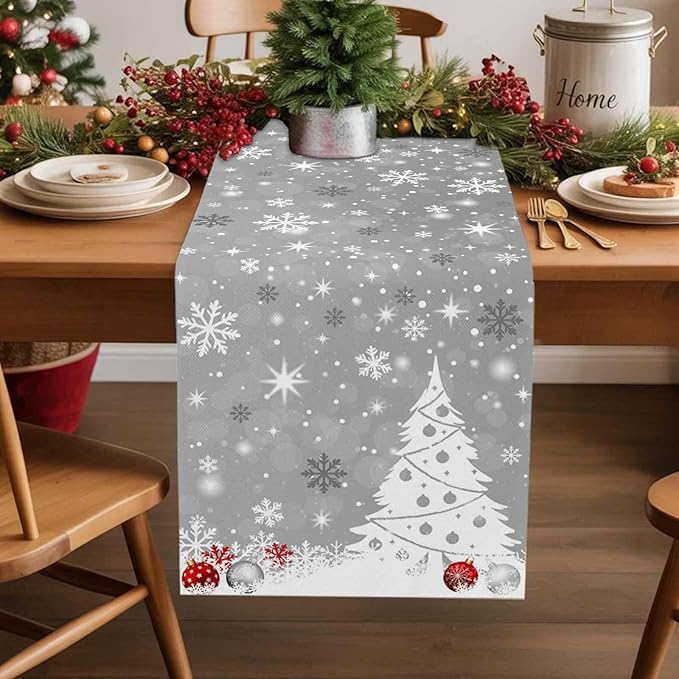 Christmas Snowflakes Cotton Linen Table Runner for Dining Kitchen, Xmas Tree Snow Winter Wedding Outdoor Party Tablerunners Decoration, Grey Balls Dresser Scarf Coffee Tablecloth Runners 13x70 Inches