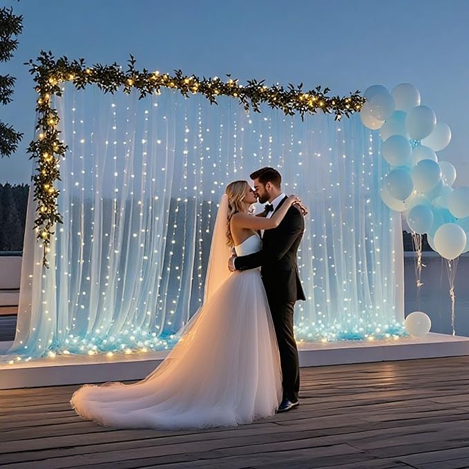 10×8ft Tulle Backdrop Curtains with Lights String - 300LED Fairy Lights Sheer Curtain Backdrop for Weddings Baby Shower and Birthday Party Decorations(8 Panels 5×8ft)