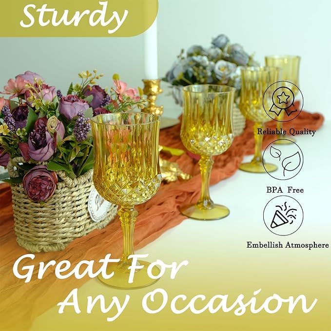 Plastic Wine Glasses，100PCS Gold Plastic Goblets Vintage Style Cordial Drinking Glasses for Wedding Reception, Grand Event Party Supplies (100, Gold)