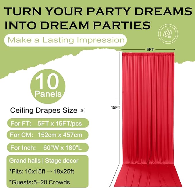 PartyVillage 50ft×15ft Red Backdrop Curtain for Wedding Parties, 10 Panels Wrinkle Free 15 FT Long Polyester Photo Backdrop Drapes Back Drop Cloth for Birthday Photography Background