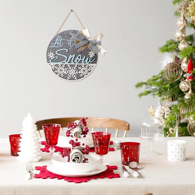 CHDITB Let It Snow Winter Decoration Sign(11.4”x11.4”), 3D Snowflake Xmas Winter Front Door Sign with Bow, Christmas New Year Housewarming Gift for Front Door Porch Farmhouse Indoor