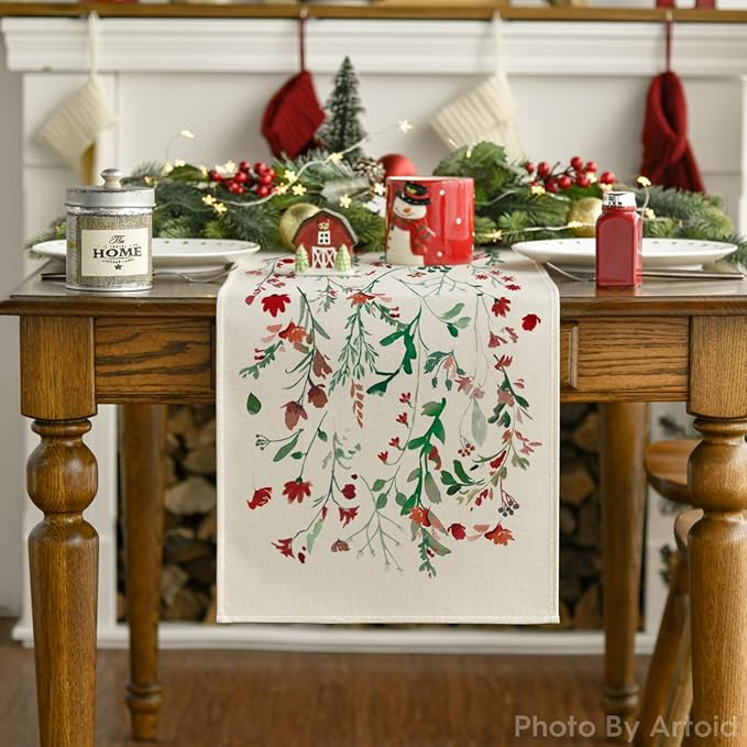 Artoid Mode Floral Leaves Christmas Table Runner, Wild Flowers and Grasses Winter Kitchen Dining Table Decoration for Home Party Decor 13x60 Inch