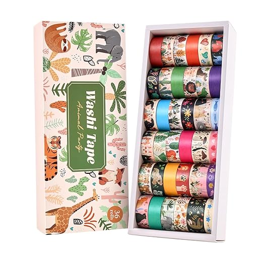 36 Rolls Animal Theme Washi Tape Set, Colorful Cute Adorable Animals Writable Decorative Tapes for Scrapbooking, Bible Journaling, Bullet Journaling, 0.6"x79" per Roll