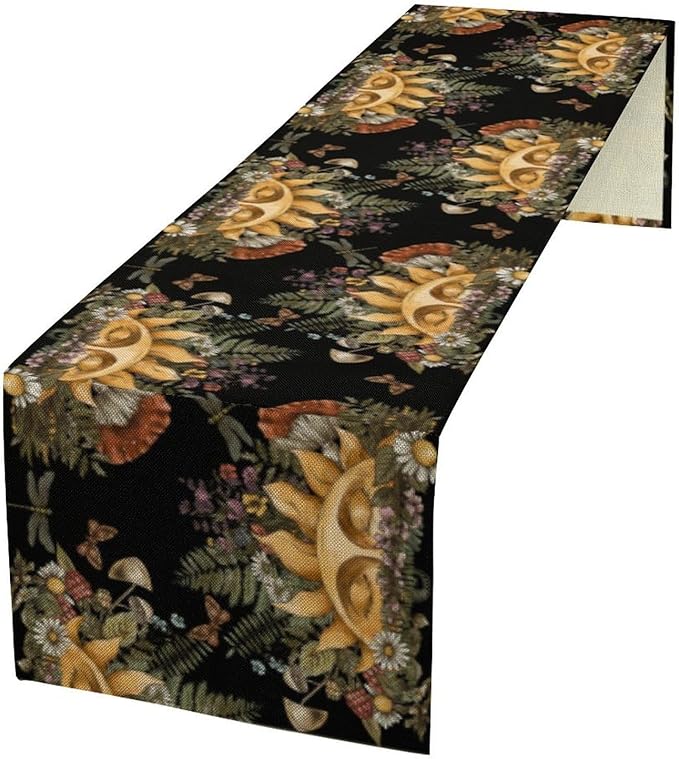 Sun Moon Table Runner, Bohomian Mushroom Daisy Table Gothic Dragonly Butterfly Table Center Decor Table Runner for Indoor Outdoor Party Kitchen Dinner Black, 13x36 Inch