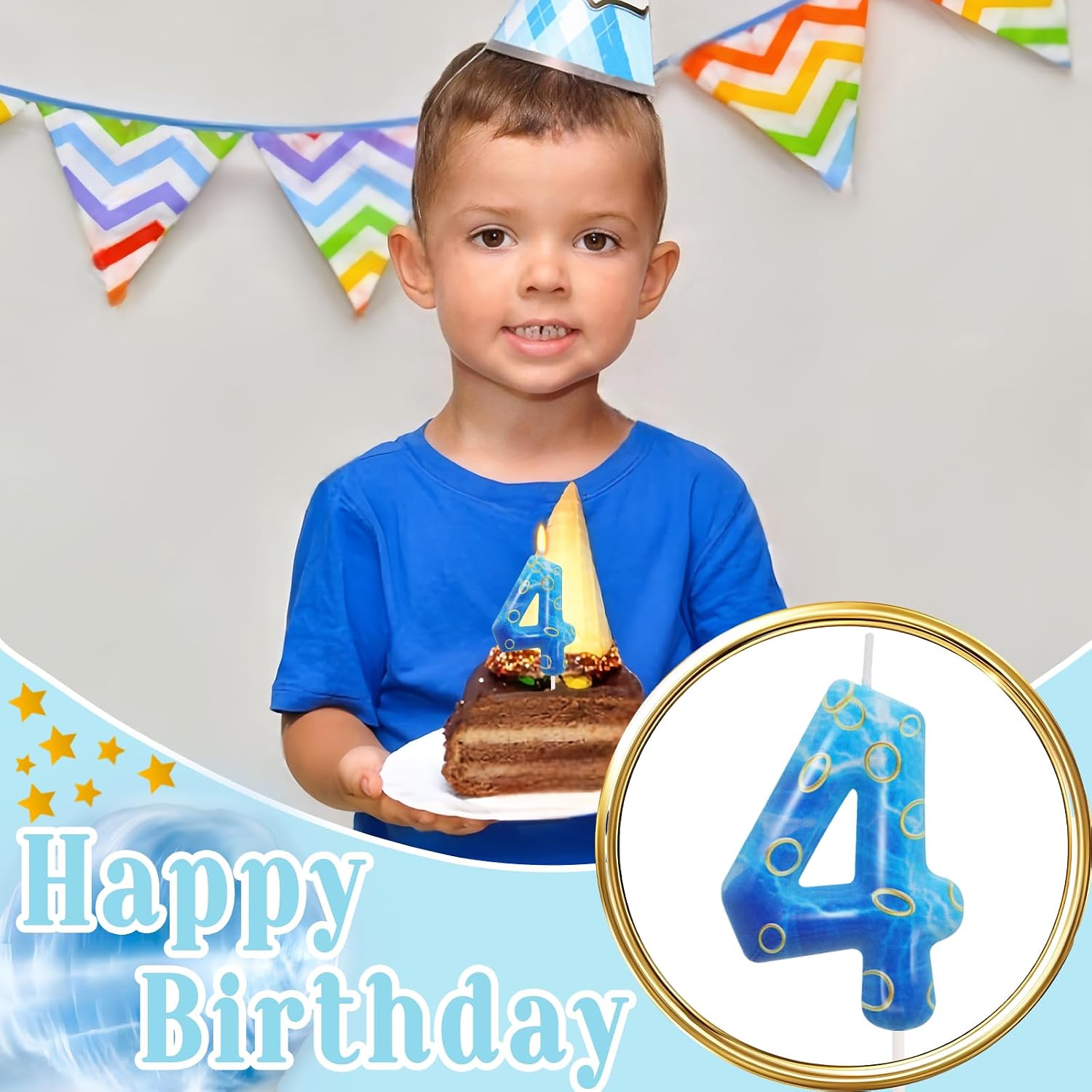 Blue and Golden Ring 4 Candle, Number 4 Candle Cake Topper Boy Birthday Decorations, Cartoon Themed Birthday Party Supplies