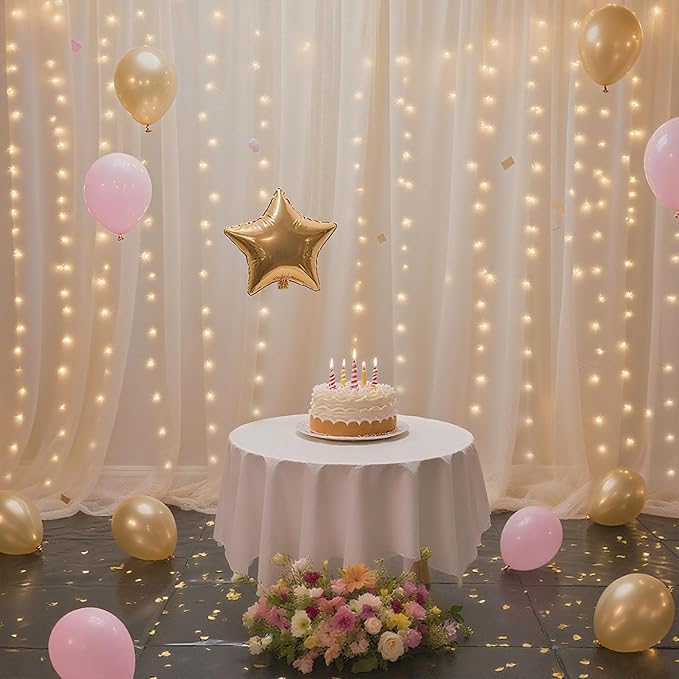 10×8ft Tulle Backdrop Curtains with Lights String - 300LED Fairy Lights Sheer Curtain Backdrop for Weddings Baby Shower and Birthday Party Decorations(2 Panels 5×8ft)