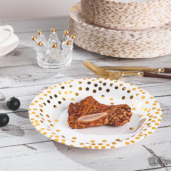 Lullaby 200PCS White Paper Plates, Disposable White and Gold Paper Plates, 100pcs Dinner Plates 9", 100pcs Dessert Plates 7", Party Plates with Golden Dot for Birthday, Gathering
