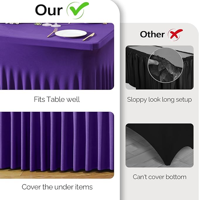 6 Pack Dark Purple Spandex Table Clothes for 8 Foot Rectangle Tables, 8FT Wrinkle Free Fitted Tablecloths Ruffles Design Table Cover for Party, Banquet, Wedding and Events