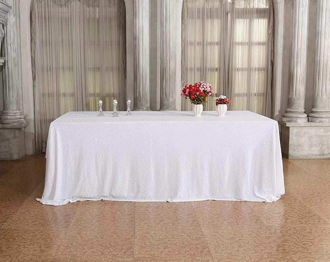 SquarePie Sequin Tablecloth 60 x 102 Inch White Sparkly Table Linen for Wedding Party