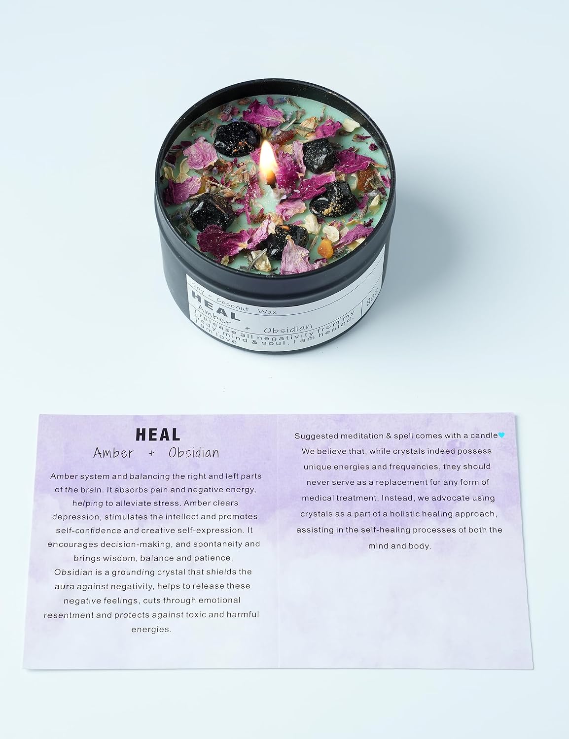 Obsidian Crystal Energy Candle, Good Aura Health Protection, Baltic Amber Chakra Magic Self-Care, Emotional Support, Encouragement and Affirmation Gift.(HEAL)