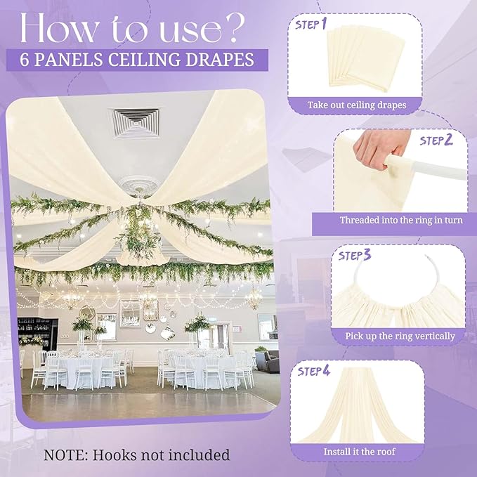 6 Panels Ivory Ceiling Drapes for Wedding, 5ftx40ft Cheesecloth Sheer Fabric Curtain Arch Draping, Romantic Decorations for Party Ceremony Stage