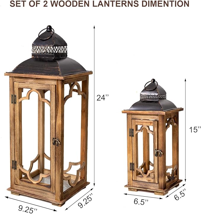 Large Farmhouse Decorative Wooden Lantern Set of 2, Rustic Brown Floor Lanterns, Indoor/Outdoor Hurricane Lanterns for Home Decor (No Glass)