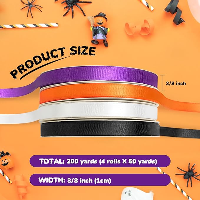 4 Rolls 200 Yards Halloween Ribbon, 3/8 Inch Polyester Satin Ribbon for Gift Wrapping, Halloween, Christmas and Birthday Party Decoration, Craft, Flower Bouquet, Sewing(Orange, Black, White, Purple)