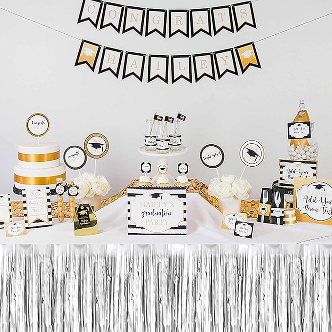 3 Pack 29 x108 Inch Silver Foil Fringe Table Skirts Metallic Banner for Tinsel Streamer Garland Backdrop for Parade Floats Mother's Day, Graduate, Birthday, Wedding Party Decoration