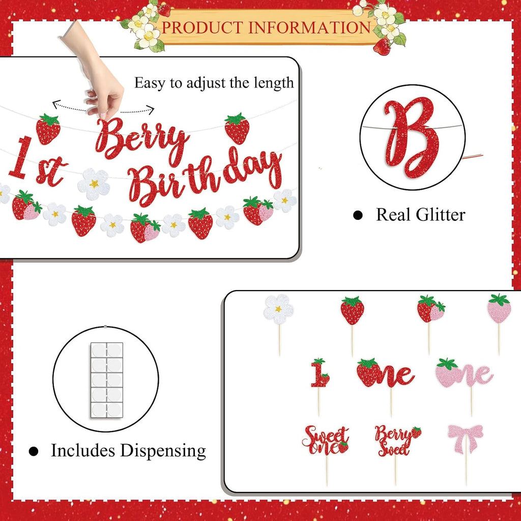 Berry First Birthday Decor, Berry 1st Cupcake Toppers Decorations | Berry 1st Banner, Sweet One, Strawberry, for Baby Shower Decorations, Girls First Birthday Party Supplies