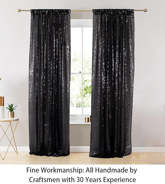 ShinyBeauty Sequin Curtains 2 Panels Black 2FTx8FT Sequin Photo Backdrop Black Sequin Backdrop Curtain Pack of 2-1011E