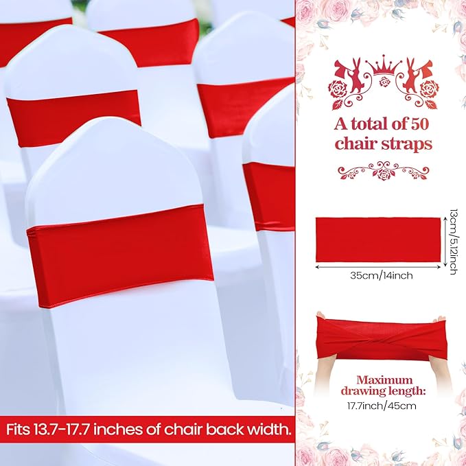 Kinlop 50 Pcs Spandex Chair Sashes Bows Chair Bands Slider Sashes for Covers Elastic Bands Ties Without Buckle Decorations for Wedding Party Events Ceremony Birthday(Red)
