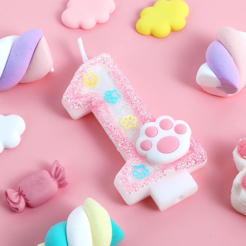 AKURIEEY Dog and Cat 1st Birthday Candle Pink Numbers 1 Candle Paw Cake Topper Cupcake Decorations for Pet Theme Party Decor Anniversary Celebrations Supplies