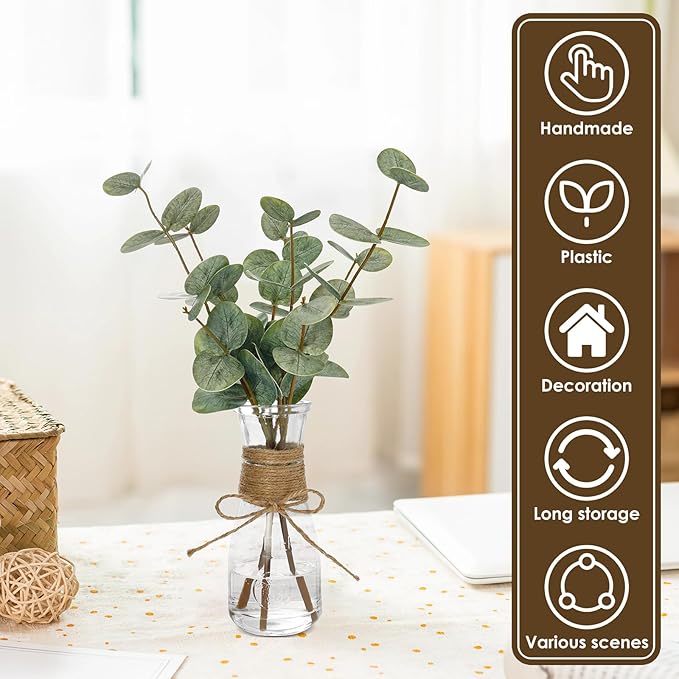 Artificial Eucalyptus Stems in Glass Vase Decorative Greenery Artificial Plant with Double Sided Green Eucalyptus Leaves for Home Office Decor (Green)