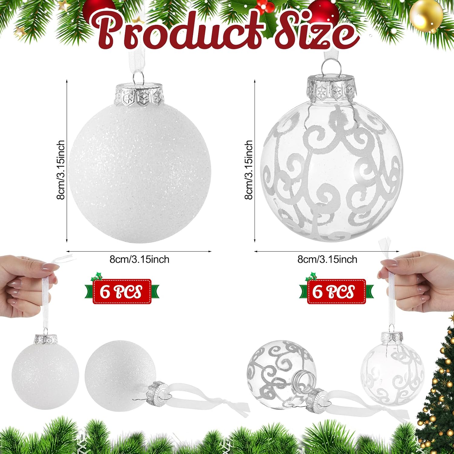 Halloscume 12 Pcs Large Glitter Christmas Ornaments Balls, 3.15 Inch Plastic Hanging Christmas Tree Ball, Glitter Snowball & White Swirl Transparent with White Ribbon for Xmas Tree Home Wedding Party