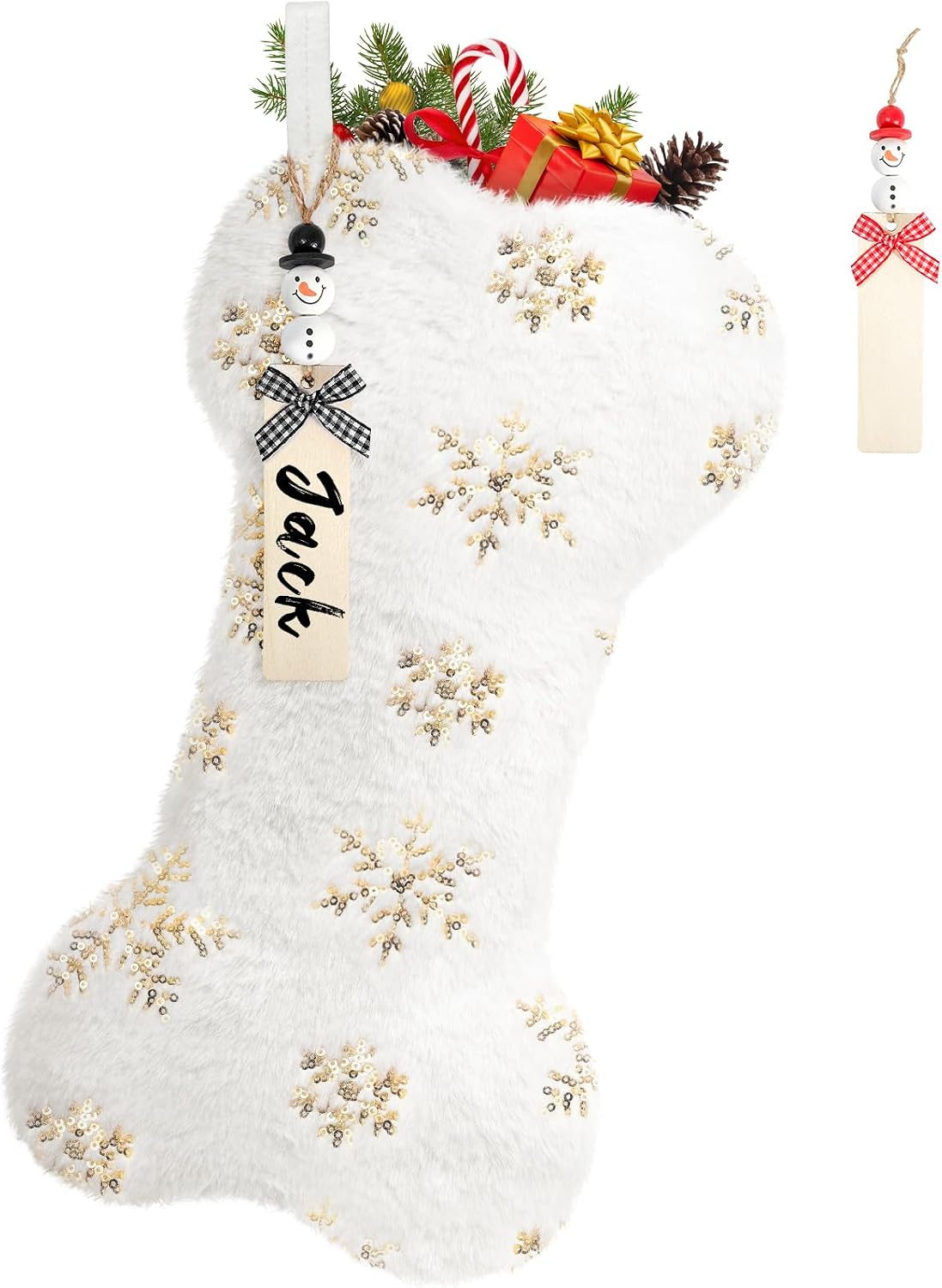 Dog Christmas Stocking with Name Tags DIY,Personalized Snowy White Bone Shaped with Gold & Silver Snowflake Sequins Family Decoration Faux Fur Christmas Stocking for Dog Pet (Gold Sequins)