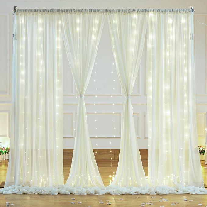 10ft x 10ft Ivory Backdrop Curtain with Lights for Baby Shower, Sheer Backdrop Curtains with Lights for Wedding, Chiffon Light Curtain Backdrops for Birthday Parties Photo Shoot (5x10ft,2 Panels)