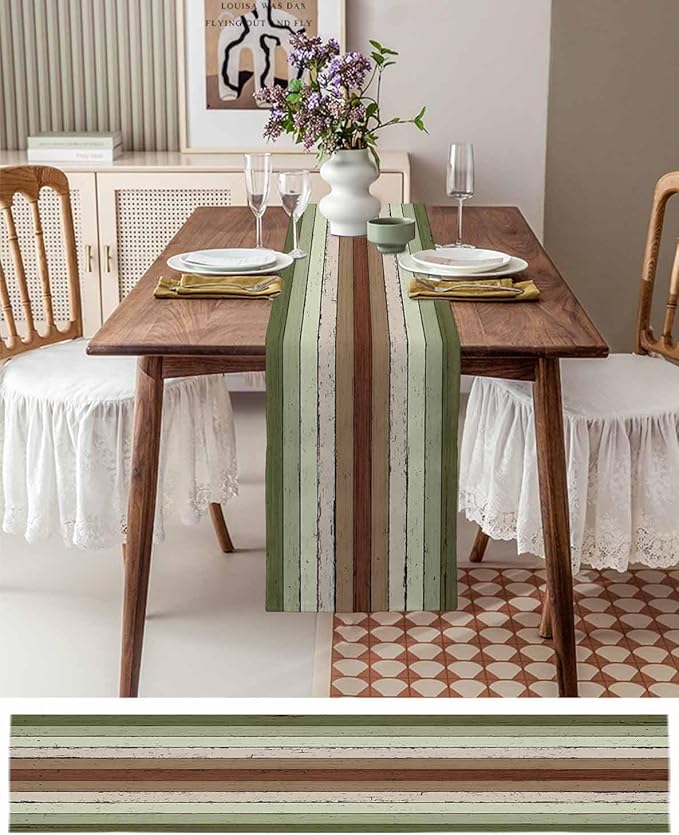 Sage Green Wooden Cotton Linen Table Runner for Dining Kitchen, Wedding Outdoor Party Tablerunners Decoration, Vintage Country Retro Distressed Grain Dresser Scarf Coffee Tablecloth Runners 13''x90''