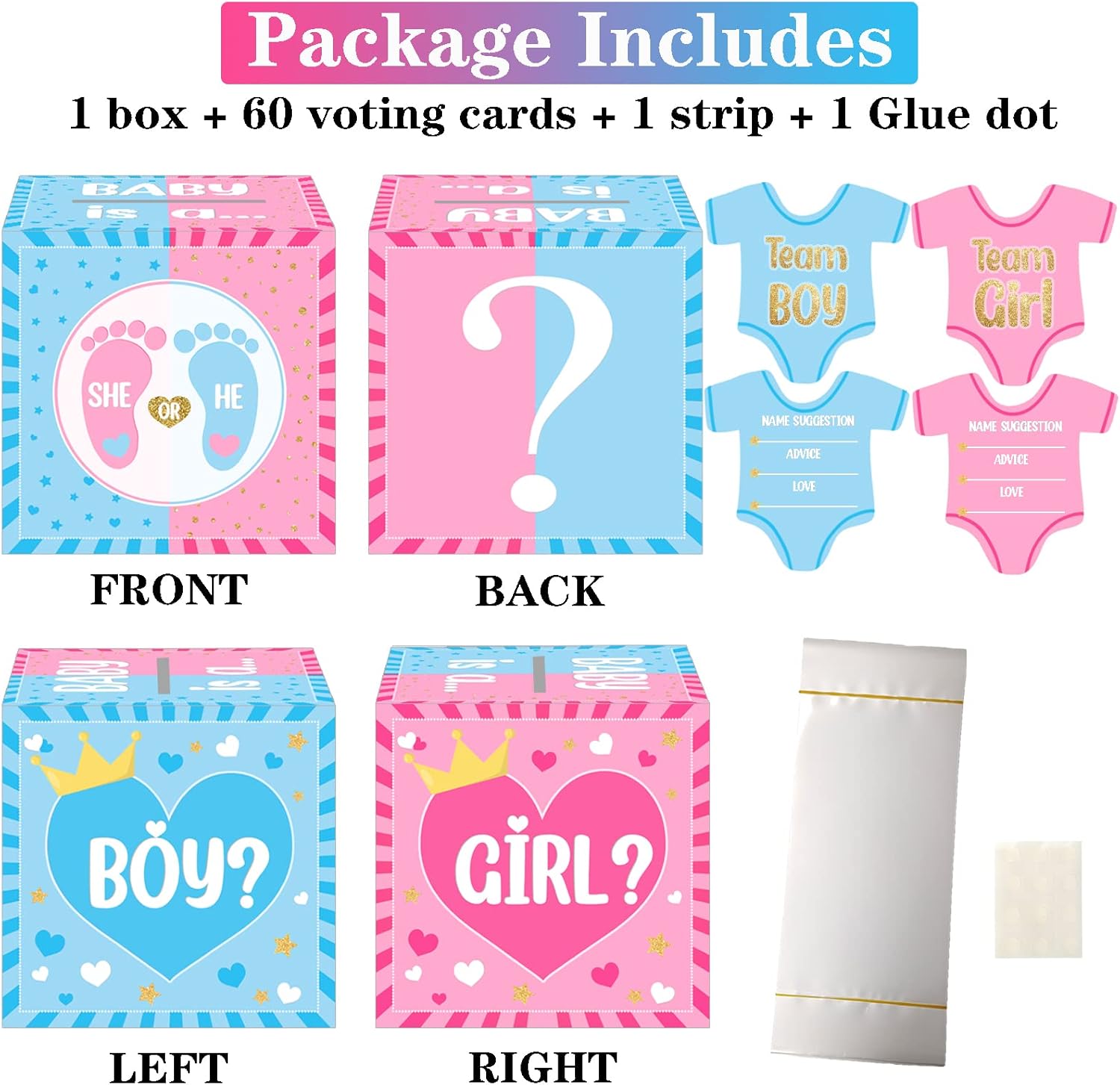 hongpar Baby Gender Reveal Pull Out Game , Voting Box with 60 Ballot Cards, Boy or Girl, Party Supplies,Pink and Blue